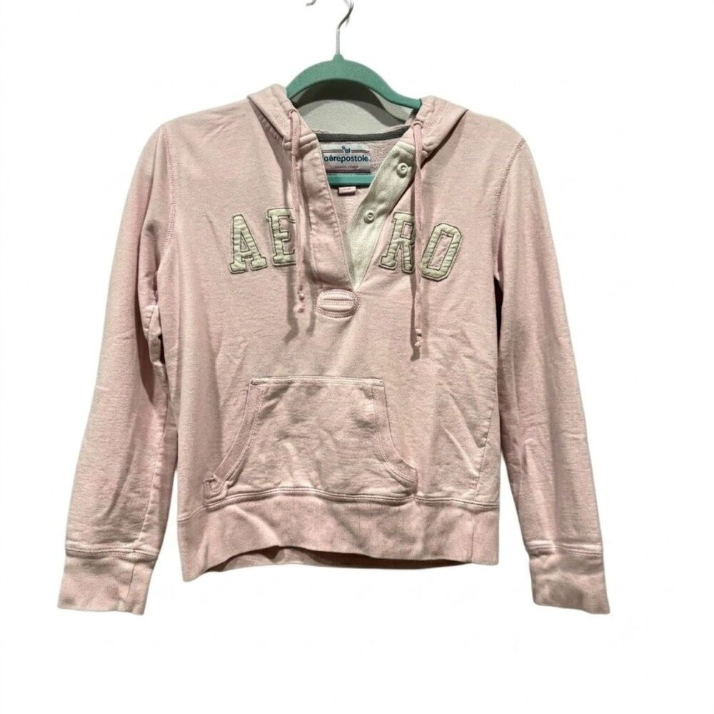 Aeropostale Y2K Hoodie Logo Henley Light Pink Pullover Preppy Women sz Small
